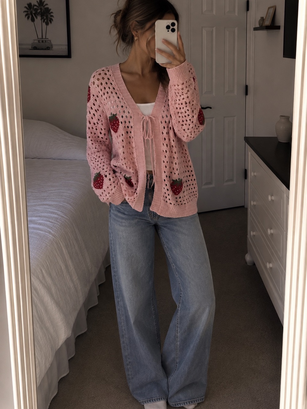 BloomChic Pink Crochet Tie-Front Strawberry Cardigan cozy sweater